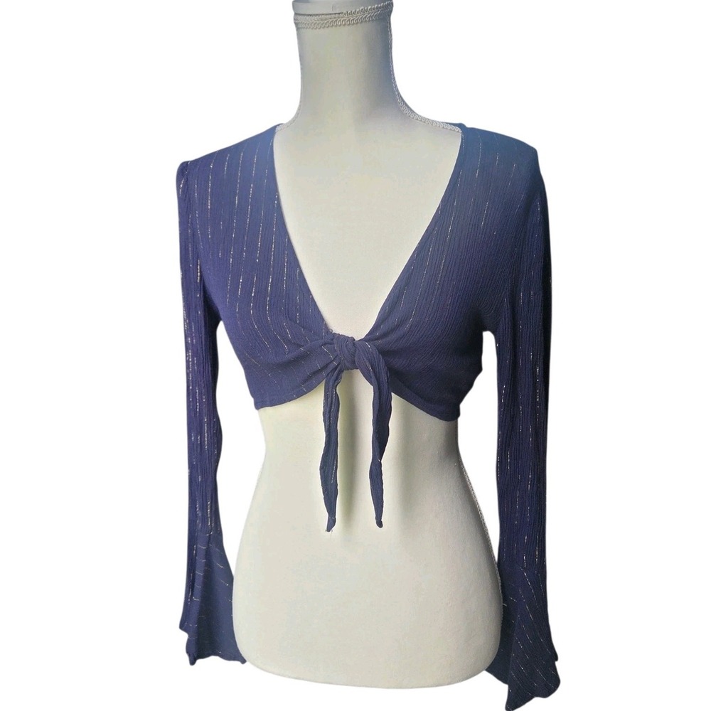 Navy Gold Metallic Pinstripe Tie Front Bell Sleeve Crop Top Medium Indie Sleaze